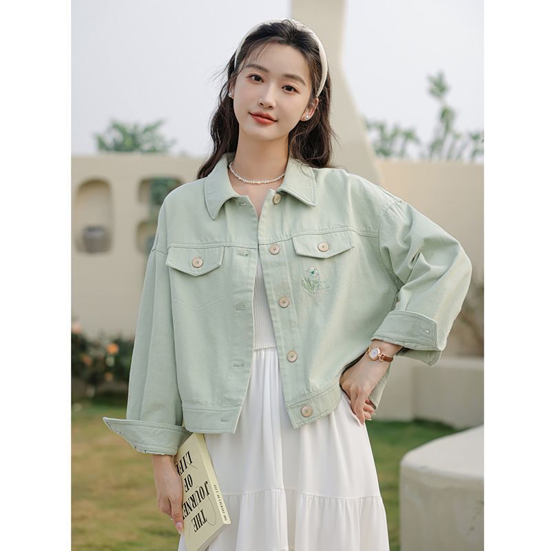小香风牛仔外套女2025春装新款纯色文艺长袖上衣复古刺绣工装夹克|undefined