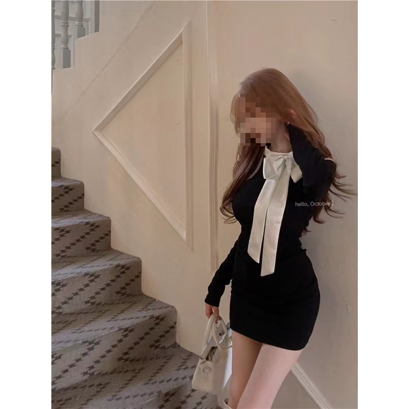 [편안한 지퍼] 블랙 오프 숄더 슬리밍 원피스 여성의 새로운 허리 랩 엉덩이 스커트 기질 짧은