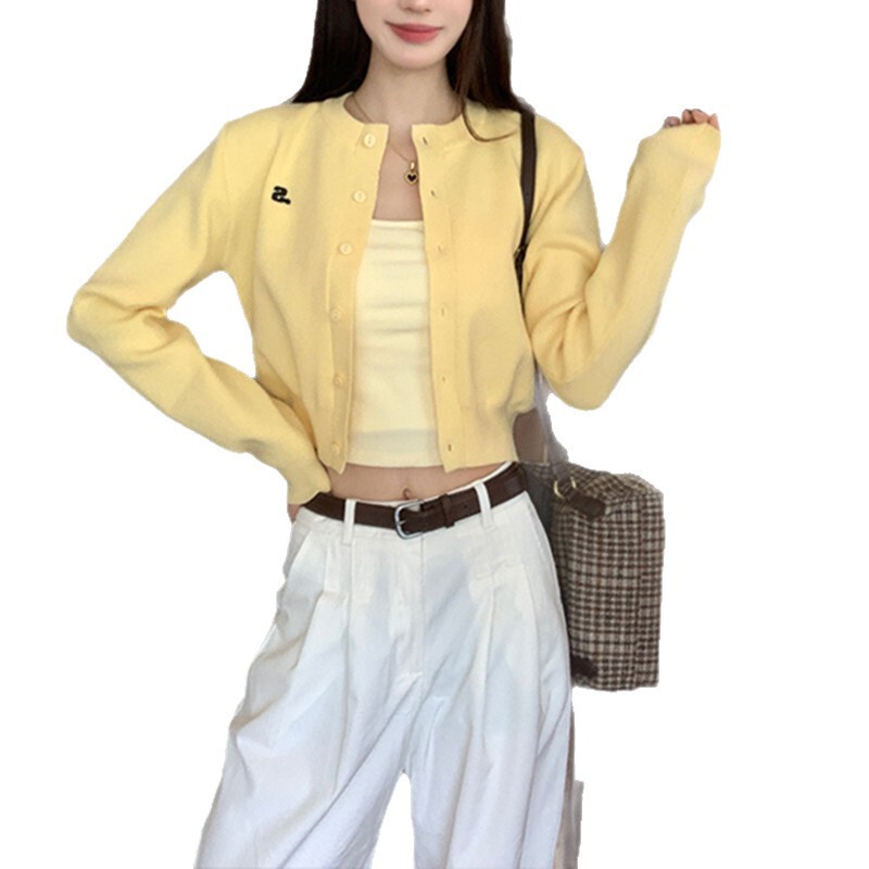 韩版黄色短款针织开衫外套女秋季圆领绣花毛衣外搭高级慵懒上衣|undefined