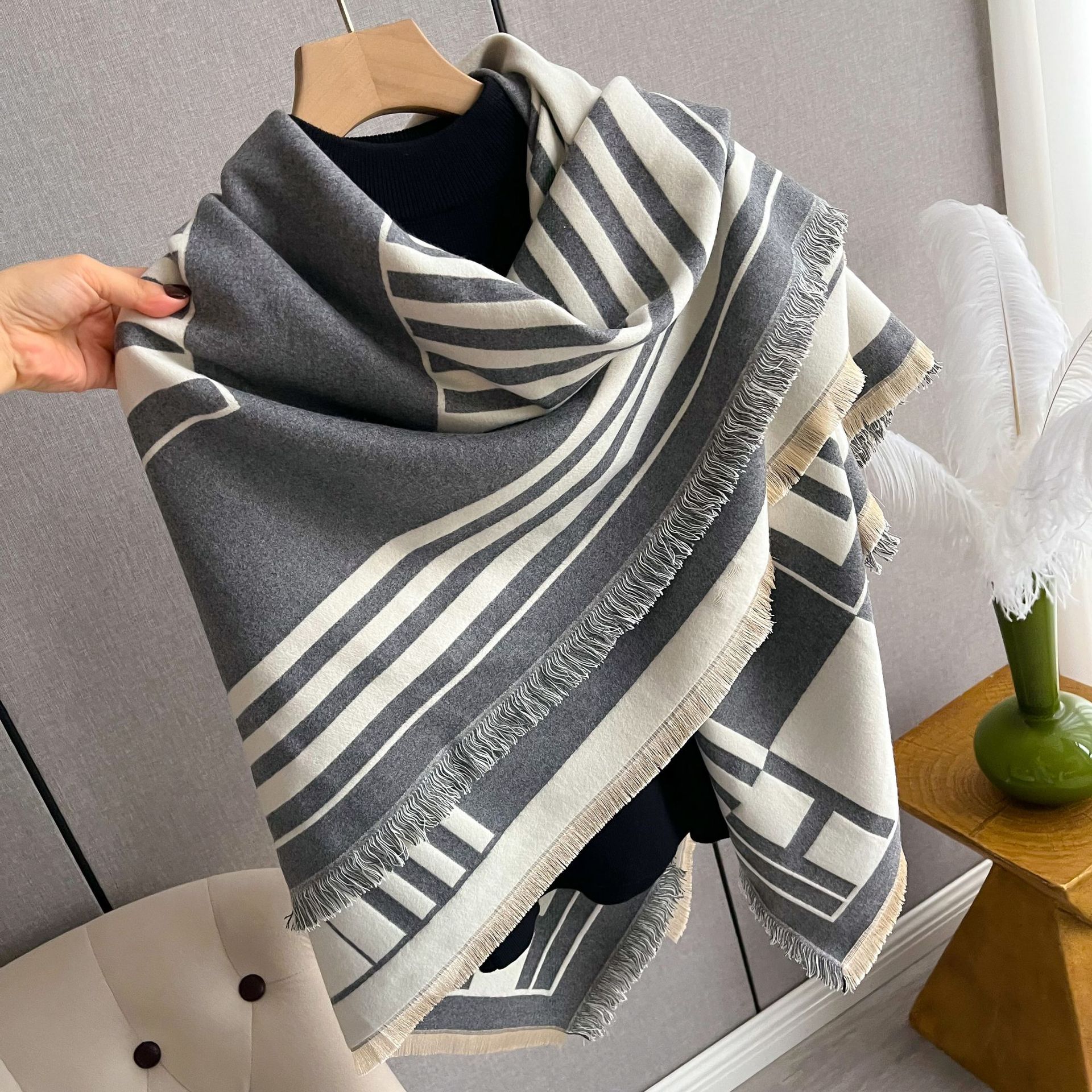 2023 Striped Double sided Imitation Cashmere Scarf for Women's Air Conditioning Shawl with Outer Cape Dual purpose Warm_voghion.com