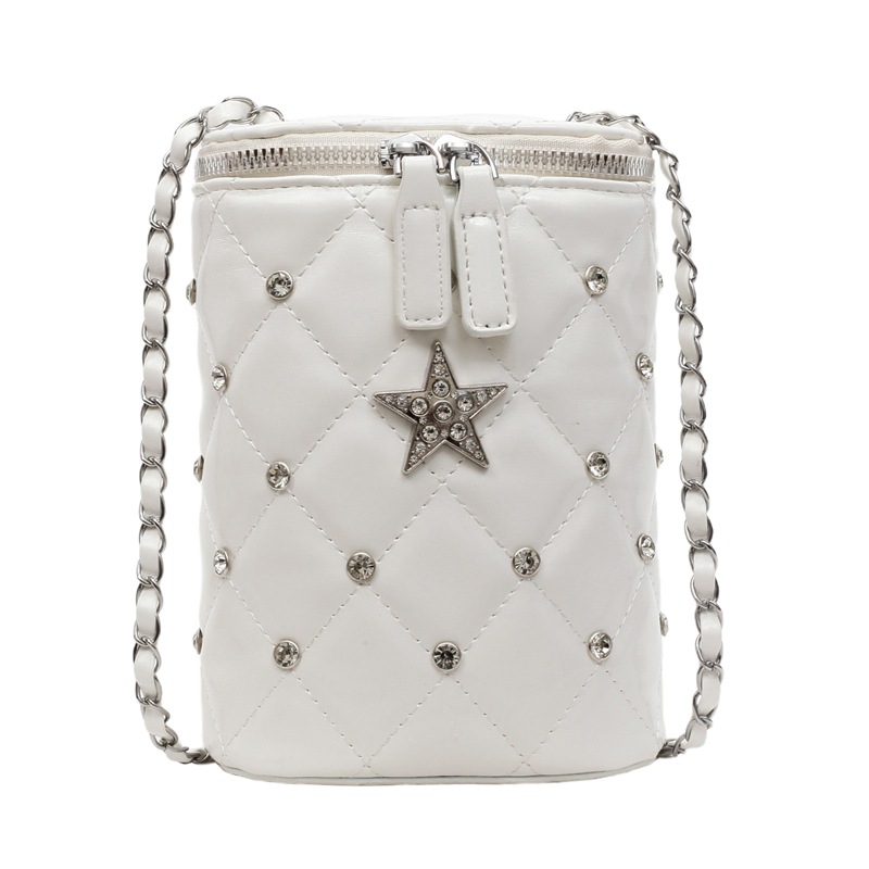 Versión coreana del pequeño bolso de cubo de viento de fragancia 2025 nuevo bolso femenino de cadena estilo extranjero bolso de hombro con diamantes bolso de mensajero de hilo bordado de diamantes