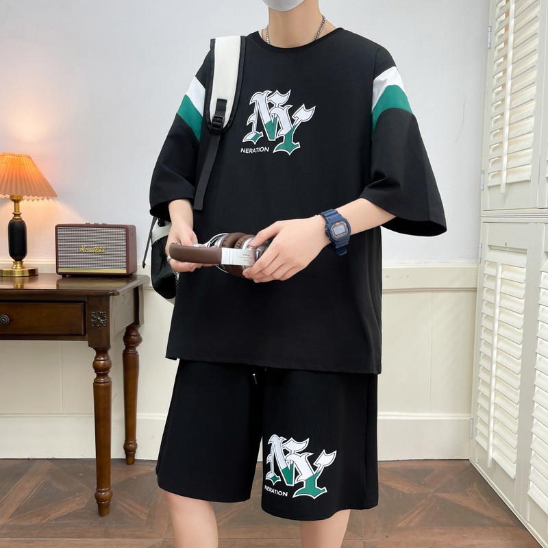 Juvenile set de pantalones cortos de mangas cortas para hombres nueva moda impresión suelta patrón de ropa deportiva casual camiseta de dos piezas set