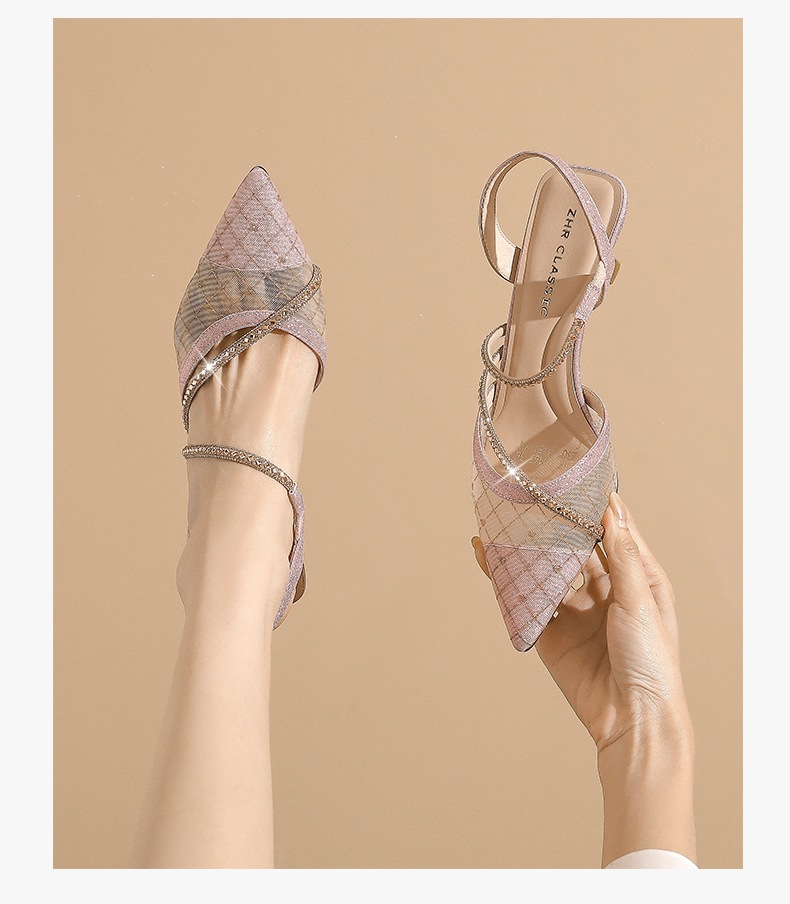 Sandal cao gót nữ mũi nhọn quai mảnh phong cách Pháp — BQ163 Bạc chi tiết 14