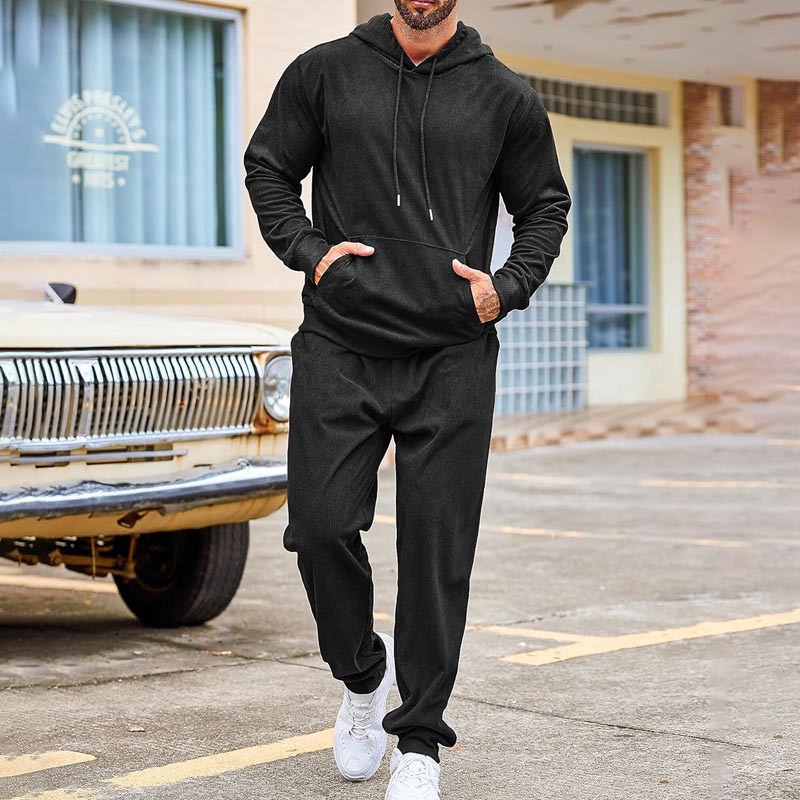 Men's Clothing 2024 Autumn and Winter Casual Men's Sweater Suit Solid Color Loose Hooded Sports Suit_voghion.com