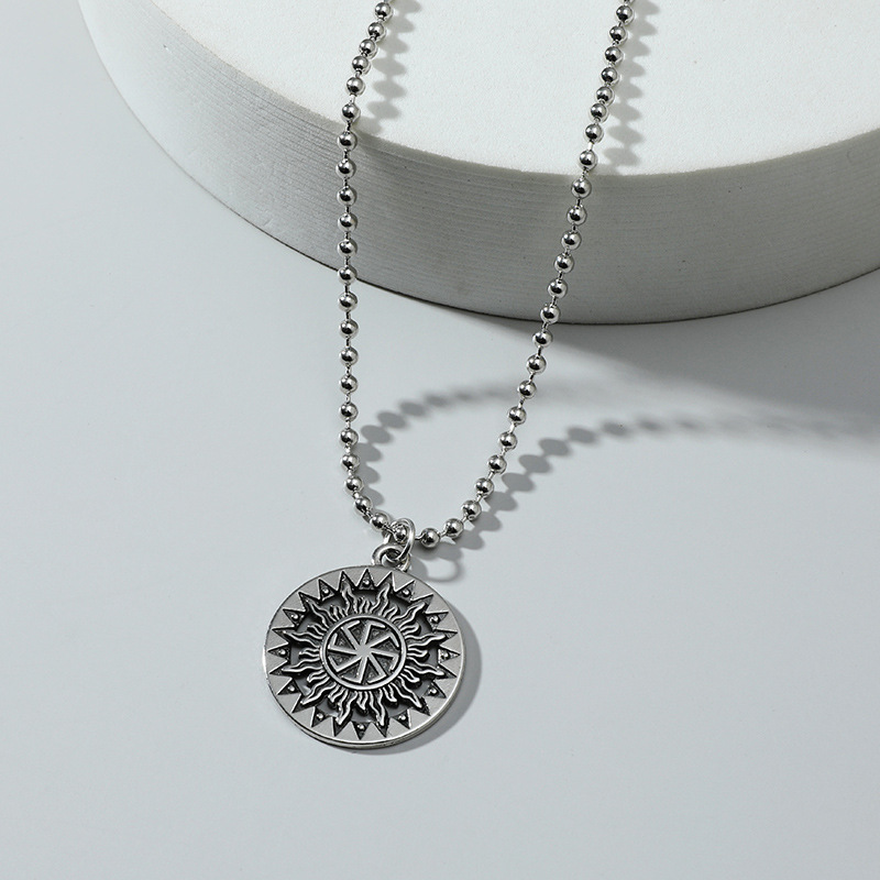 Japan and South Korea simple temperament retro old necklace ancient mysterious pattern sun flower round pendant necklacepicture3