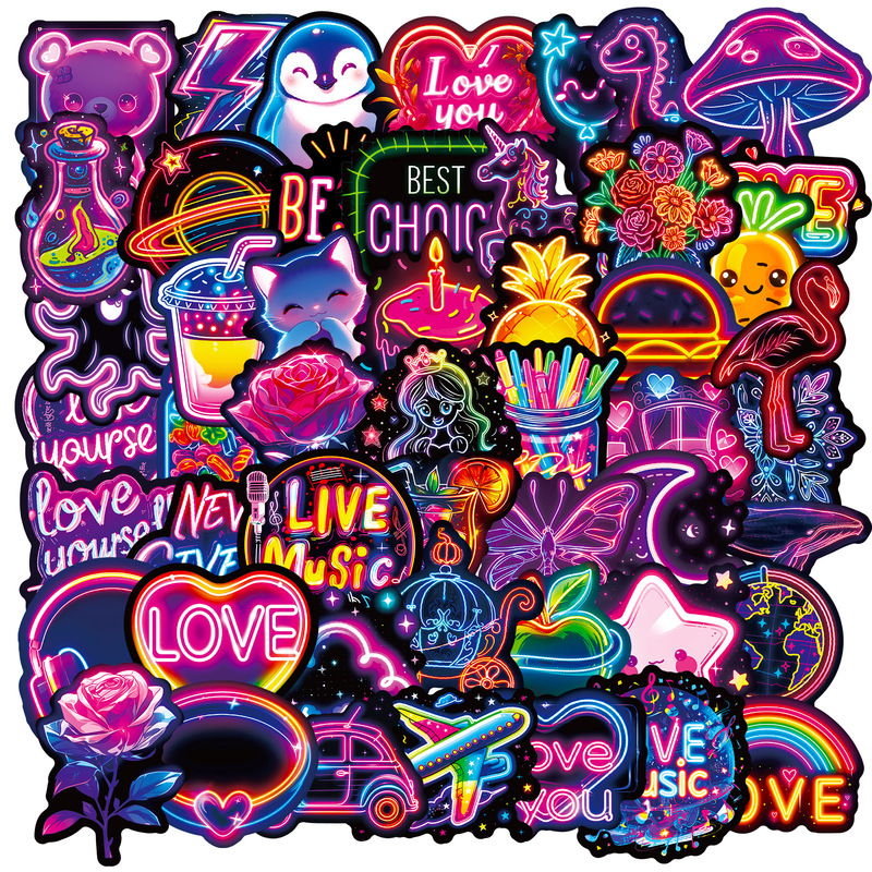 50 Cool Neon Pattern PP Waterproof Stickers Decorative Luggage Guitar Skateboard Refrigerator Stickers Cross Border