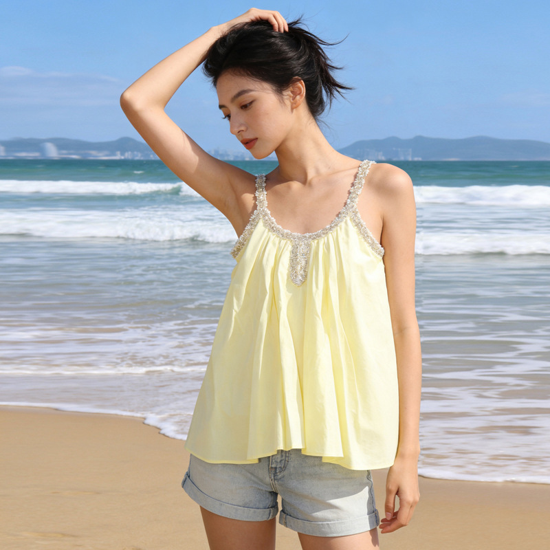 Anfiona 2026 Summer New Style Fluffy Sleeveless Holiday Style Ruffled Top Halter Top for Women 6076 Anfiona 2026 Summer New Style Fluffy Sleeveless Holiday Style Ruffled Top Halter Top for Women 6076