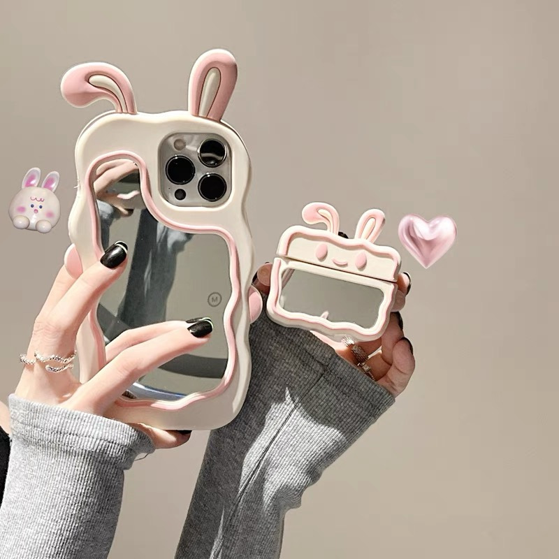 Cute rabbit ears mirror for iphone15Promax Apple 14 phone case 13 stereo 12 silicone 11 female