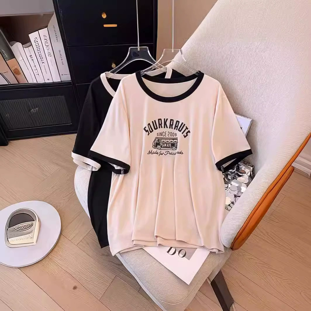 130/300 фунтов большой размер женская корейская версия свободная тонкая буква с принтом с коротким рукавом и круглым вырезом, боковая футболка X2639