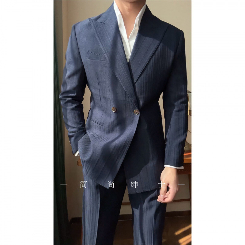 春夏季暗纹双排扣西服套装男士戗驳领藏青色商务休闲婚庆西装|undefined