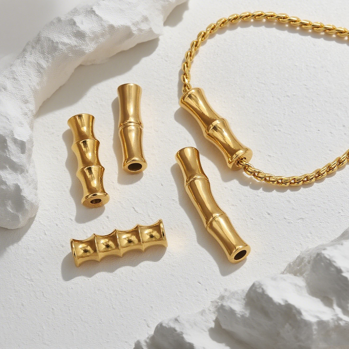 Acero inoxidable dorado bambú curva pequeña perla de pez accesorios de material de cuerda tejida a mano accesorios de pulsera cuentas de acero DIY accesorios