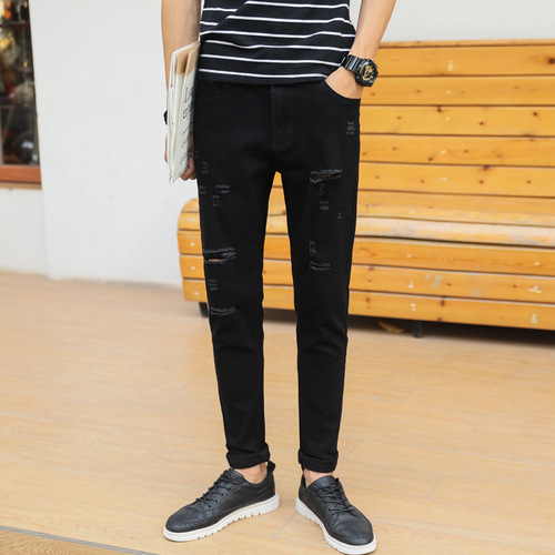 Men's Ripped Cropped White Denim Pants, Korean-style Slim-fit Elasticity-boosted Personality 