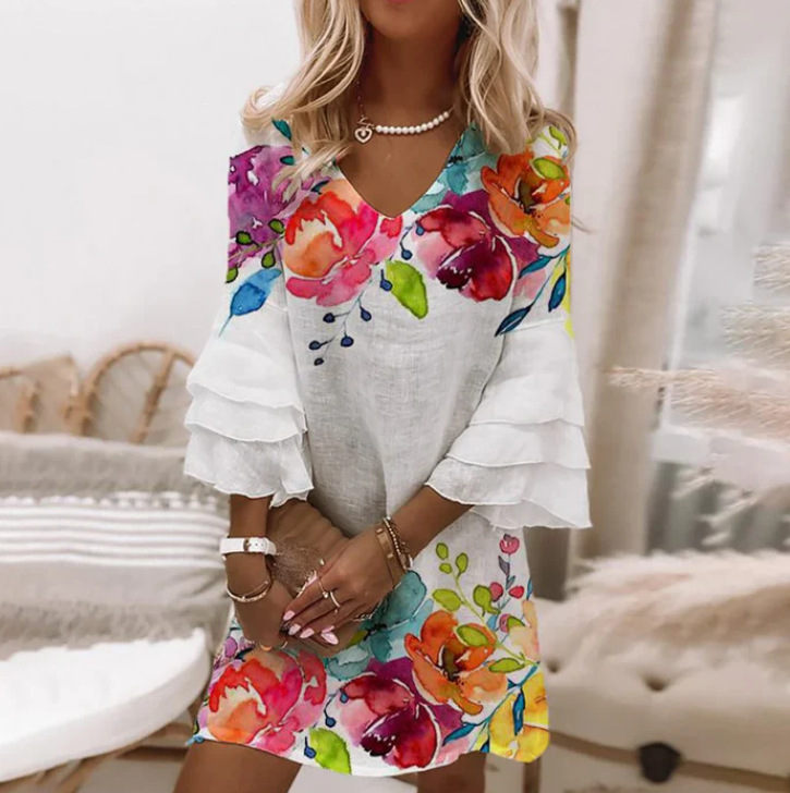 Nuevo estilo transfronterizo europeo y americano Amazon AliExpress Wish estampado fresco con cuello en V 3/4 manga mini vestido de mujer image 37