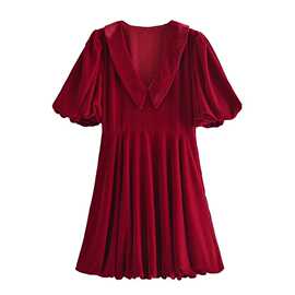 跨境女装批发2024冬季新款女装时尚红丝绒蓬蓬袖V领短款连衣裙