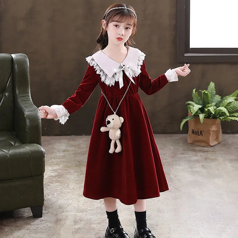Vestido para niños vestido de Primavera de manga larga ropa para niños nuevo vestido de princesa occidental rojo en línea vestido de niña de longitud media