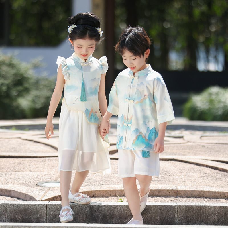 男の子と女の子のための子供用漢服、新しい中国風の漢服半袖スーツ、夏の新しい中国風の唐スーツ、中国学のパフォーマンススーツ|undefined