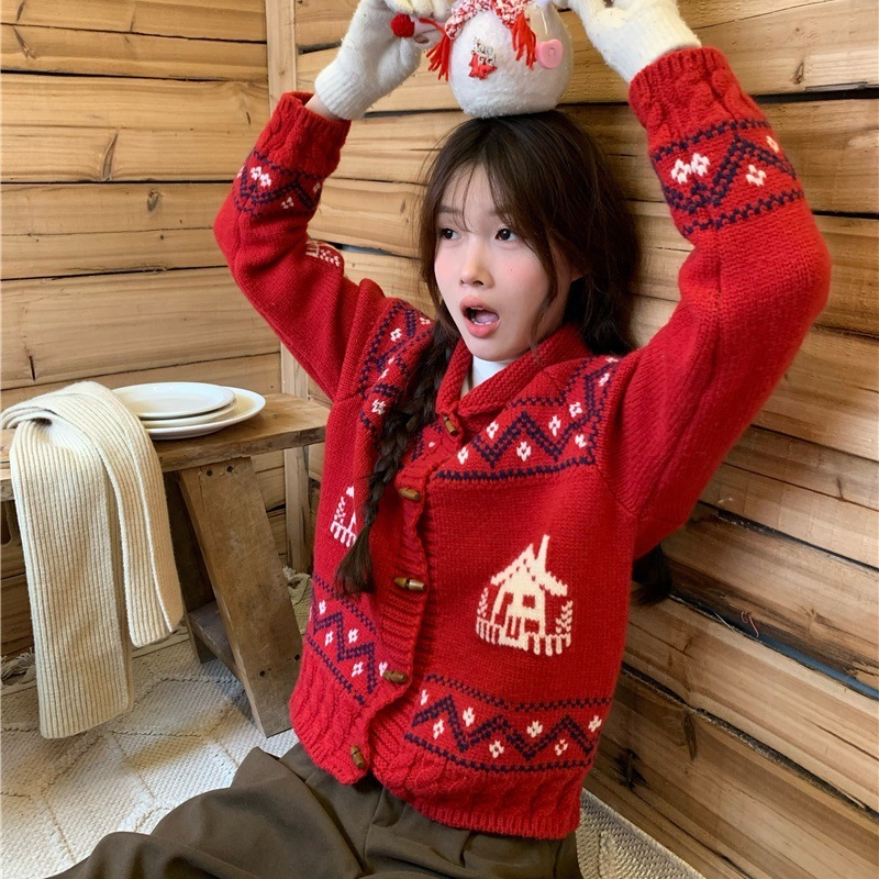 新款费尔岛女装秋衣复古毛衣牛角扣外套秋季上衣女设计感针织开衫|undefined