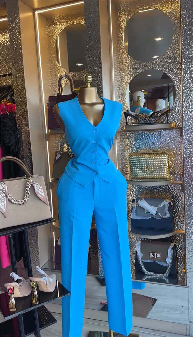 Women's V-neck Button-down Vest And Wide-leg Trouser Suit Set_voghion.com