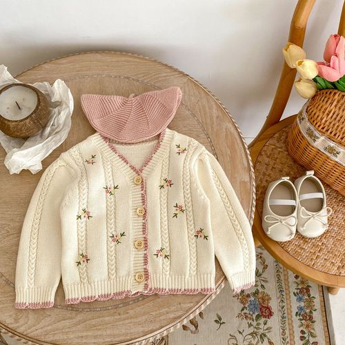  Autumn Internet celebrity cotton yarn versatile infant and baby girl baby small floral embroidered long-sleeved knitted cardigan jacket