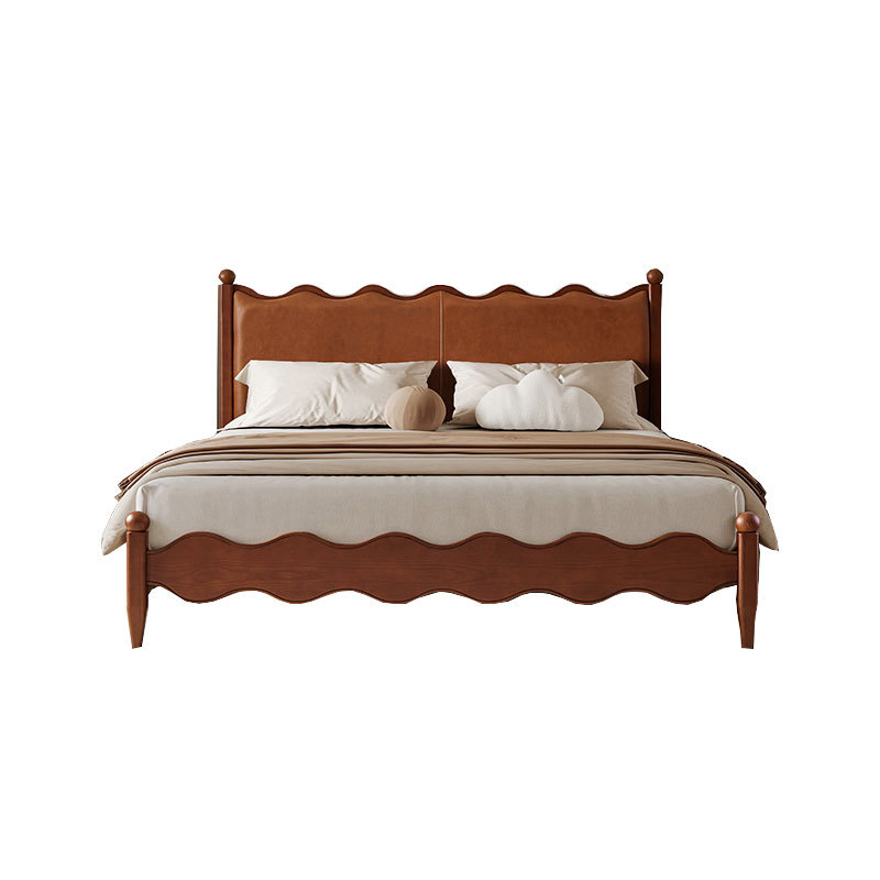 Cama de madera maciza de cera blanca estilo retrógrado medieval estilo francés, cama de cuero de vaca, cama de envoltura suave, cama principal doble