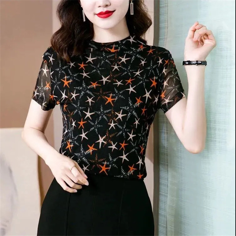 Printed Lace Shirt New Stretch Mesh Mom T-shirt Women's Summer Collar Short-sleeved Slim-fit All-match Elegant Top