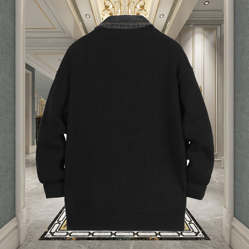 Denim Stitching Fake Two-Piece Cardigan Sweater Coat Men's Spring and Autumn Design Sense Knitwear Casual Loose Sweater