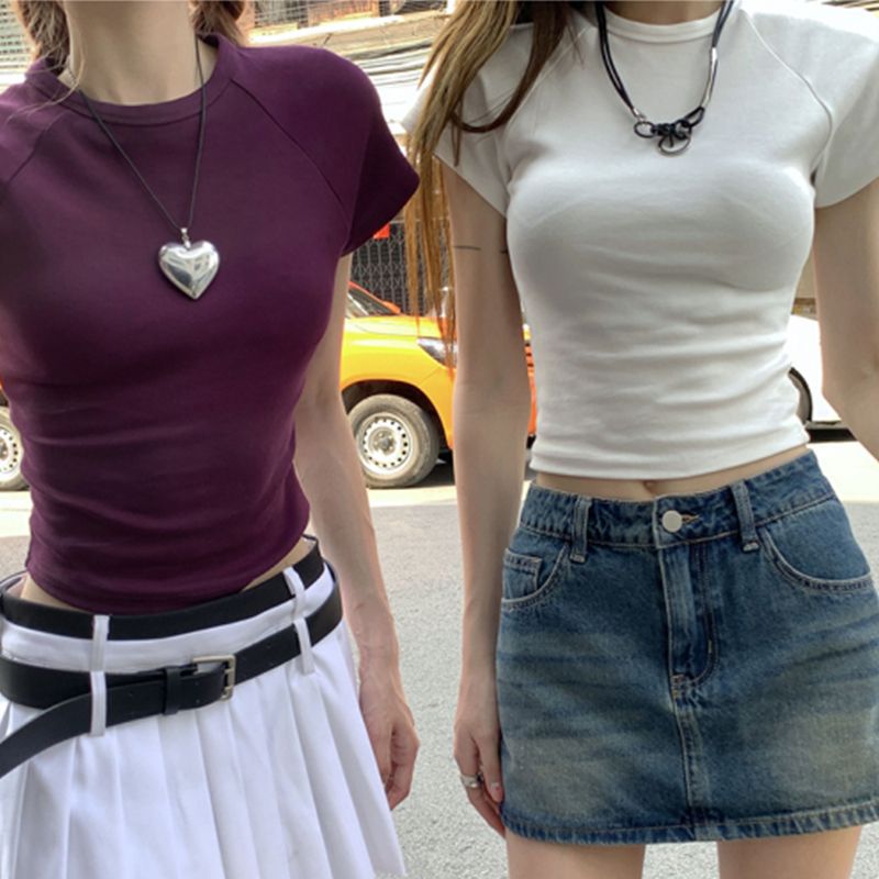 summer retro short short sleeve T-shirt with a round collar
