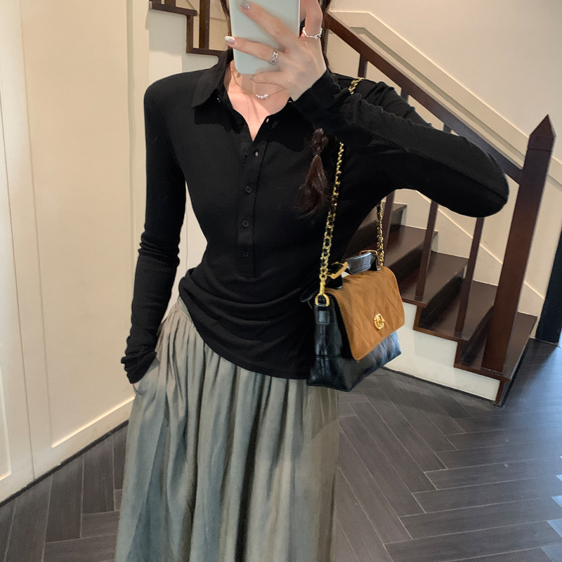 辣妹纯欲POLO衫翻领长袖T恤女2025春秋正肩修身内搭显瘦打底上衣|undefined