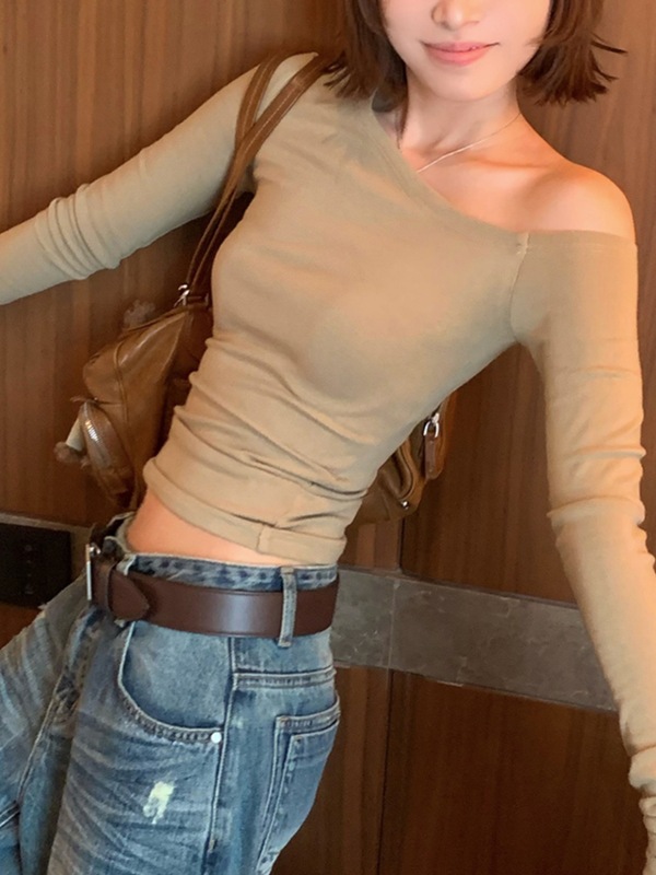 SUNONEON 纯色斜肩露肩长袖针织T恤女早秋百搭修身腰打底衣|undefined