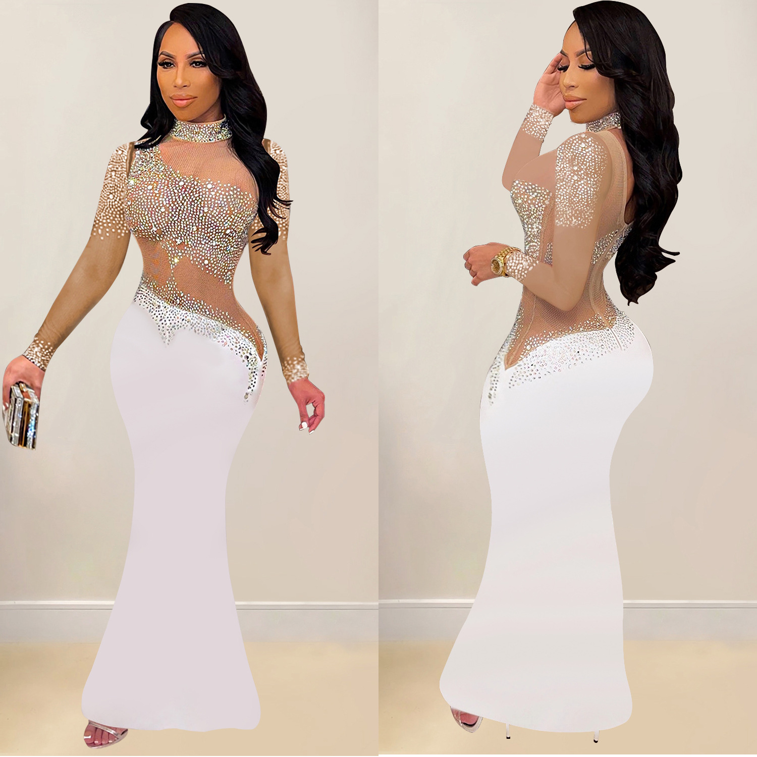 C7025 Aliexpress transfronterizo Amazon estación independiente de moda europea y americana nueva ropa de mujer de diamante caliente vestido largo de cuello redondo image 5