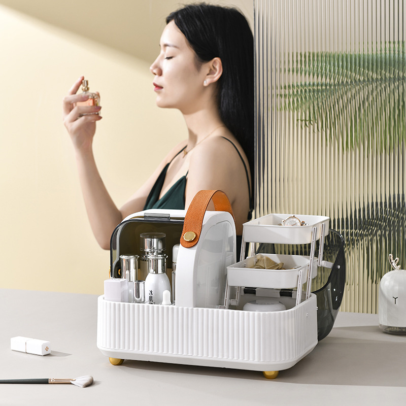 Nordic light luxury makeup box skincare storage box large capacity jewelry box with carrying handle dustproof and classified storage box