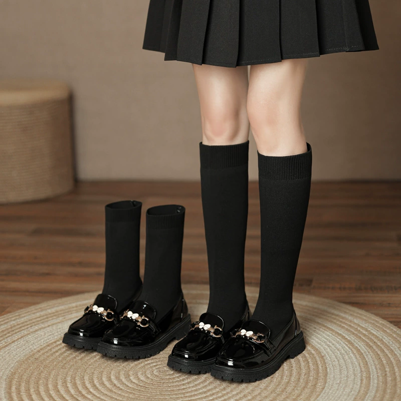 2023 Осенне-зимние высокие сапоги для девочек Средние сапоги Детские носки Ботинки Носки Обувь Студенческие кожаные ботинки с узкими штанинами Обувь для маленьких девочек