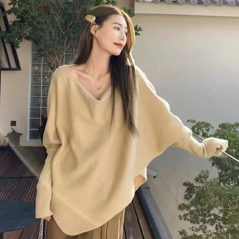 慵懒风V领针织衫毛衣外套2025春秋新款不规则设计感蝙蝠袖女上衣|undefined
