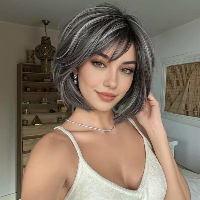 Cross-border gray and silver ombre layered short bob wig for women, featuring a mixed gray gradient, side parting, and textured short hair Cross-border gray and silver ombre layered short bob wig for women, featuring a mixed gray gradient, side parting, and textured short hair