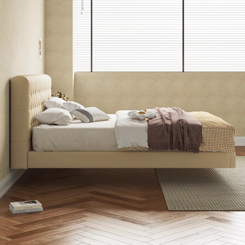 Cama flotante japonesa nórdica Cama de madera maciza con cama doble Cama principal simple 1.8m Cama de matrimonio Cama de contraposal suave Cama de viento crema