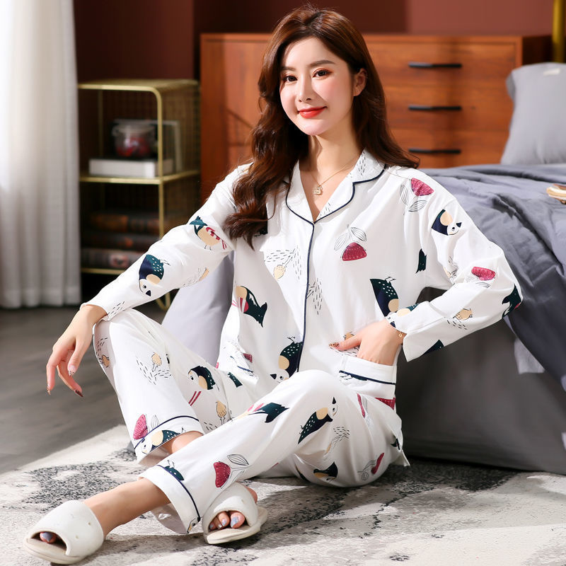 100% pijamas de algodón de primavera y otoño de las mujeres de manga larga suelta más tamaño desgaste del hogar traje de dos piezas desgaste exterior