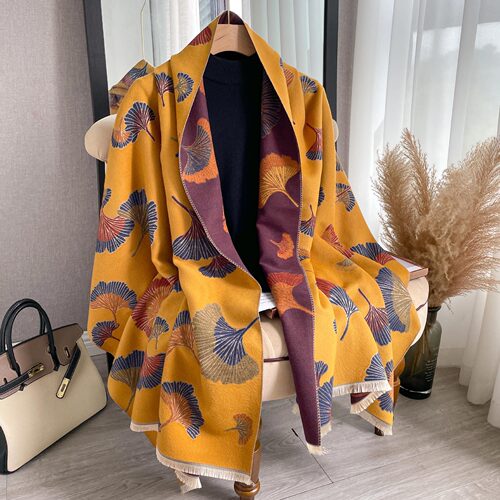 New imitation cashmere ginkgo leaf scarf for women cross-border Korean version autumn and winter warm tassel shawl versatile student scarf trend