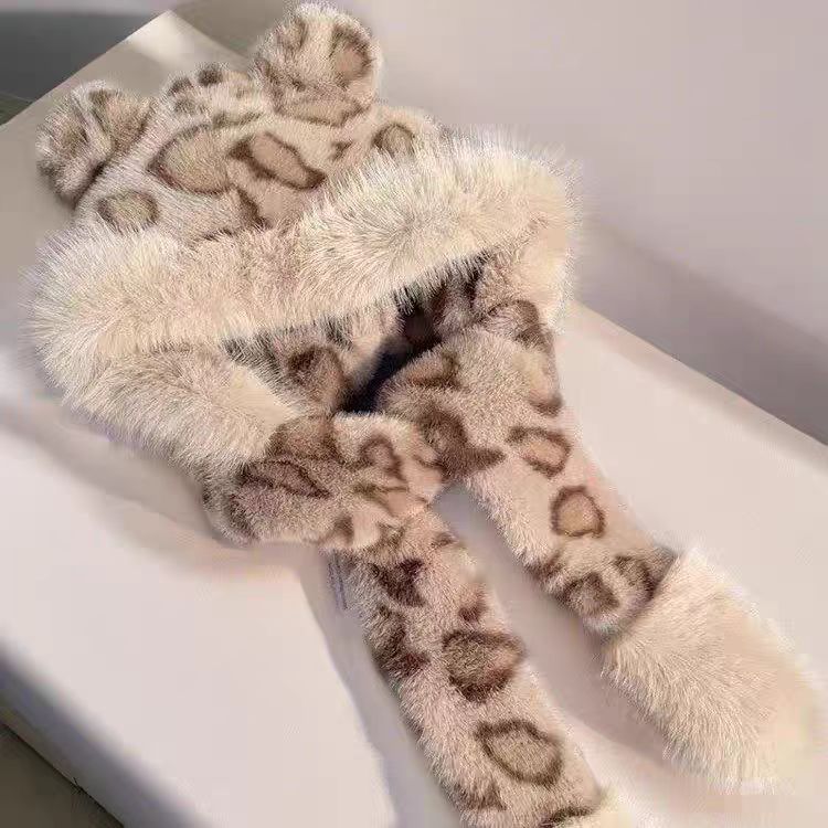 Invierno nuevo oso orejas gorra de peluche leopardo gorra bufandas sombrero de mujer en un espesor de protección de orejas caliente gorra Thunderfeng