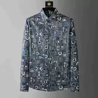 新款潮流时尚休闲男士衬衫免烫修身印花一件代发