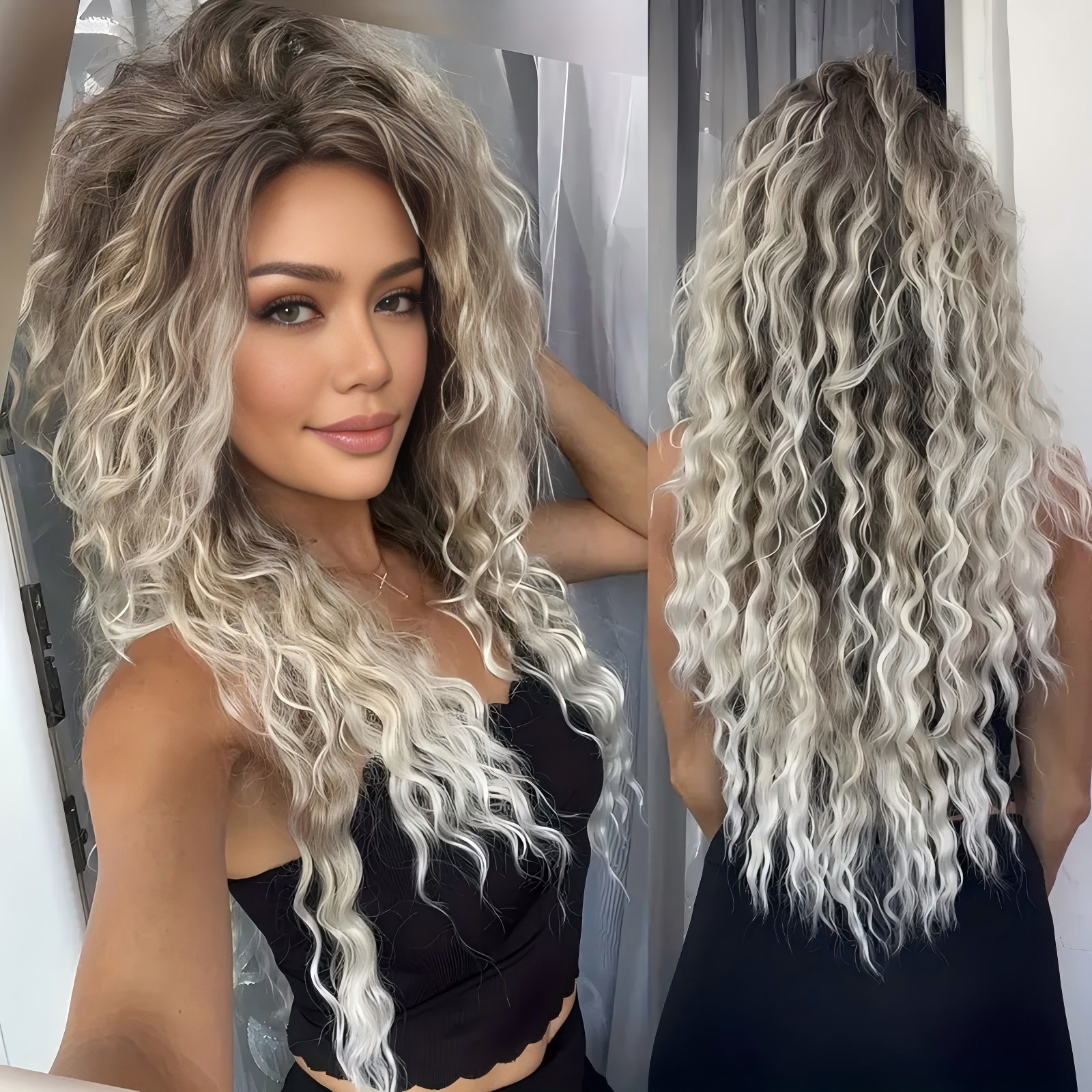 European and American Wigs African Small Curly Hair 13*4 Front Lace Middle Parted Small Curly Long Curly Hair Chemical Fiber High Temperature Silk Headgear Wholesale