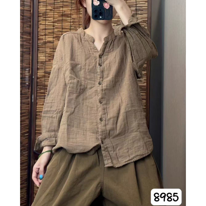2025秋韩版宽松贴布大口袋双层纱立领衬衫百搭休闲衬衣女8985|undefined