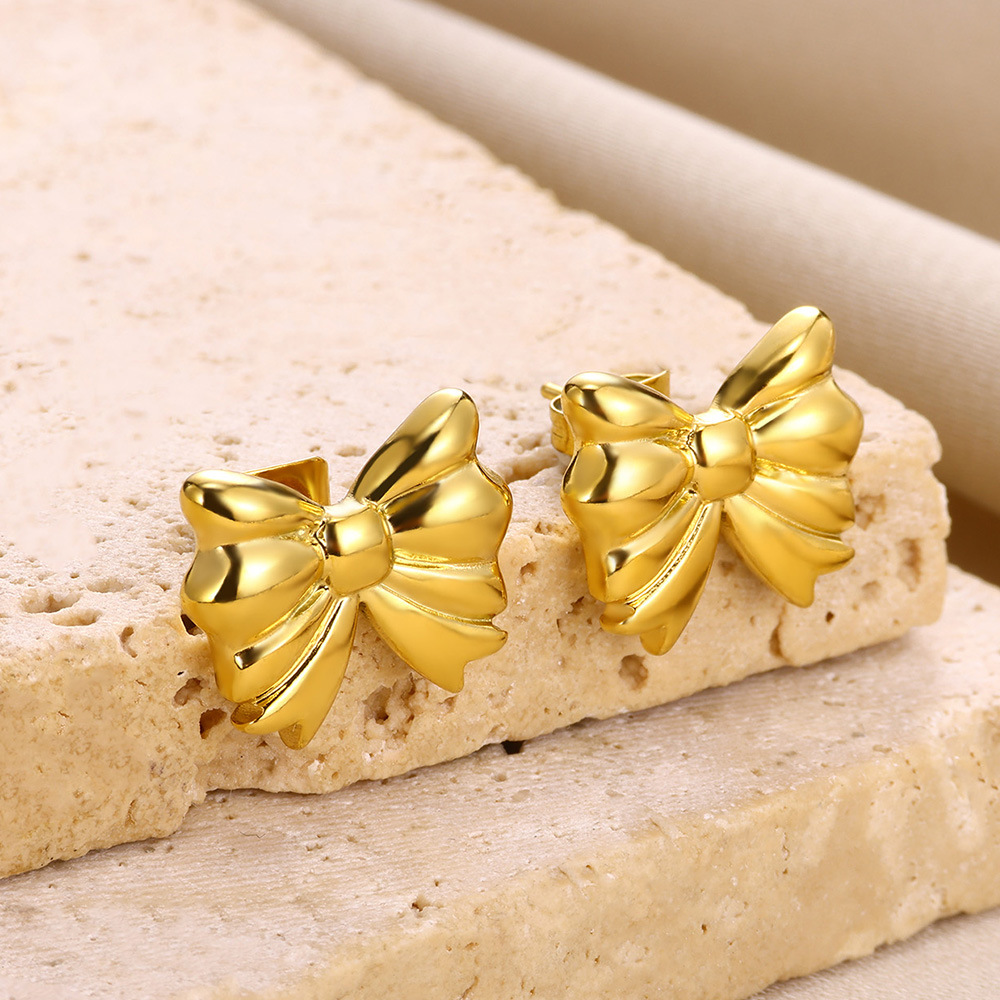 PVD Coated Gold Plating Process PVD Coated Real Gold Plated Bow Knot 304 Stainless Steel Simple Style Classic Style Waterproof Non Tarnish Ear Studs