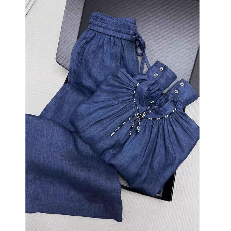 Old Money Style Linen Suit for Women, Summer 2026 New Model, High-End Relaxed Feel, Blue Shirt and Wide-Leg Pants Two-Piece Set Old Money Style Linen Suit for Women, Summer 2026 New Model, High-End Relaxed Feel, Blue Shirt and Wide-Leg Pants Two-Piece Set