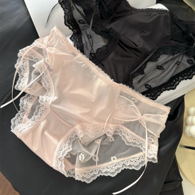 French Luxury Satin Lace Underwear Women's Sexy 24 New Arrival Little Women's Briefs Medium Low Waist Sweet Bow French Luxury Satin Lace Underwear Women's Sexy 24 New Arrival Little Women's Briefs Medium Low Waist Sweet Bow