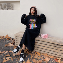 卫衣裙女秋冬季欧货加绒加厚字母印花连衣裙小个子过膝开叉长裙子