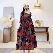复古印花长袖连衣裙2025秋新款宽松圆领高腰长裙显瘦棉麻大摆裙