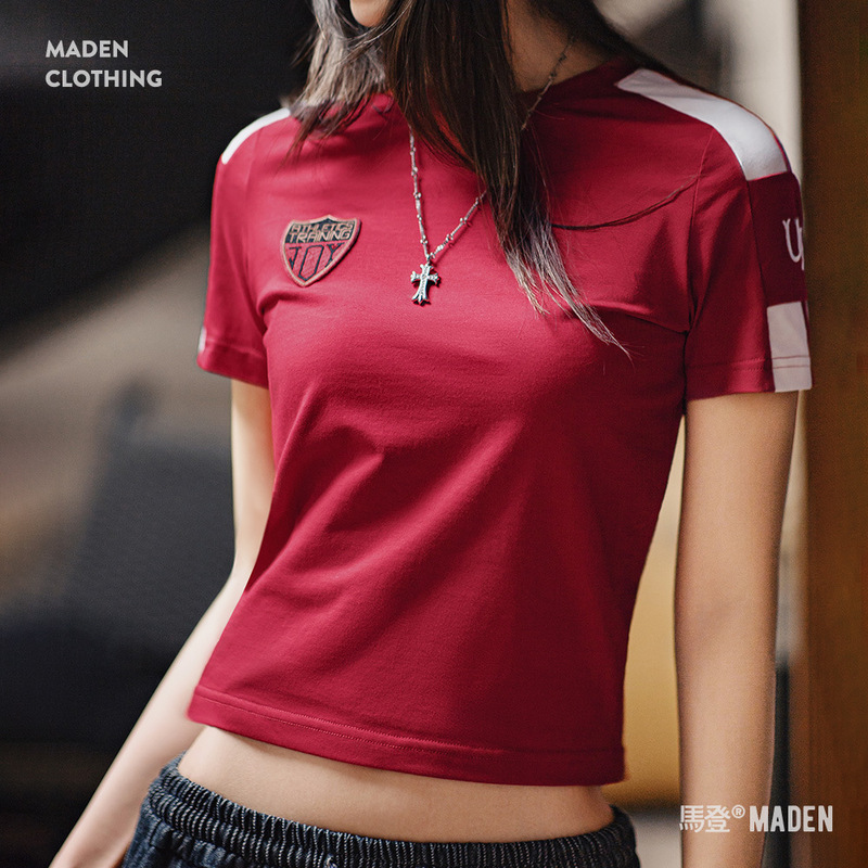 Madden Burgundy American Retro Sports Short-Sleeved Jersey Casual Work Clothing Slim Football Baby Top Summer Women Madden Burgundy American Retro Sports Short-Sleeved Jersey Casual Work Clothing Slim Football Baby Top Summer Women