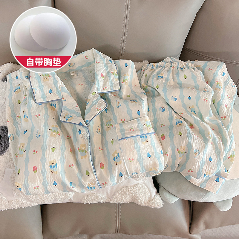 New cloud cotton pajamas women's spring and autumn long sleeve with chest pad free bra cardigan suit home clothing wholesale cross-border