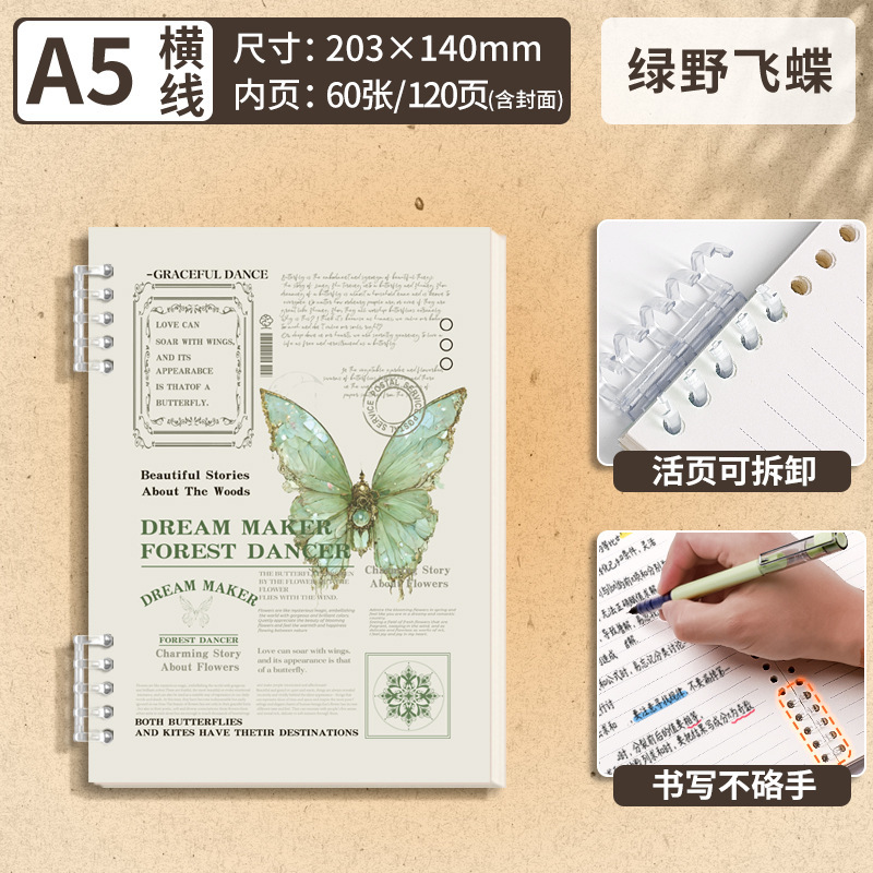 Butterfly Retro británico de hojas sueltas con hebilla de núcleo de hojas sueltas al por mayor A5 línea horizontal B5 paquete de bolsa opp única plus