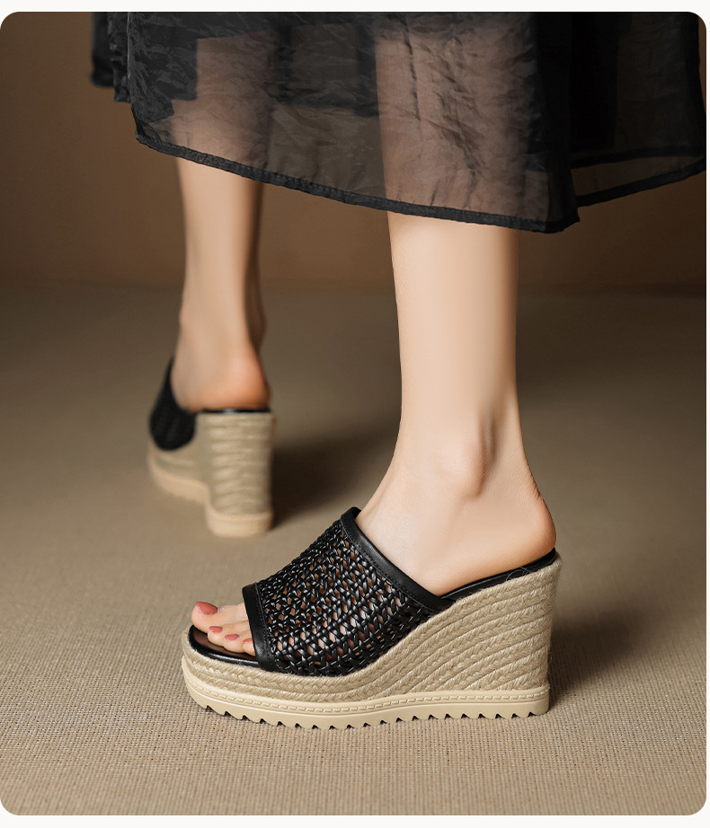 Sandal cao gót nữ mũi vuông đế rơm gót 10 cm — màu đen, màu trắng chi tiết 8